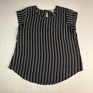 Lily White Womens Black White Polka Dot Striped Cap Sleeve Blouse Large Dressy